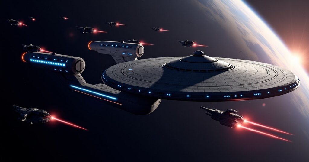 Federation Starbase armada target from Star Trek Fleet Command under attack in deep space