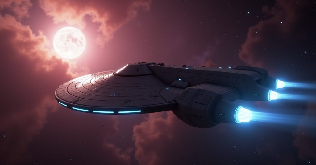 A Federation survey vessel drifting through a star system, Star Trek Fleet Command key art