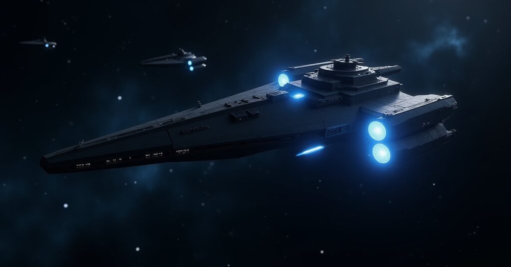 Federation War Armada battleship charging weapons in deep space, Star Trek Fleet Command key art