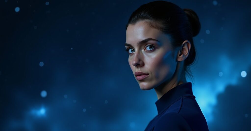 Female Spock, a Vulcan Starfleet officer in a blue science uniform, in Star Trek Fleet Command officer-card style.