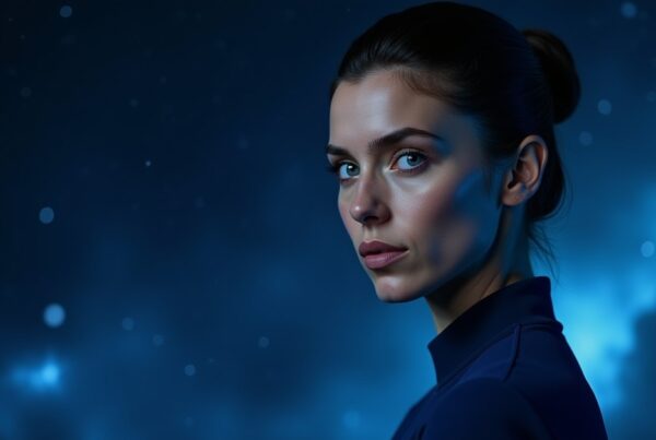 Female Spock, a Vulcan Starfleet officer in a blue science uniform, in Star Trek Fleet Command officer-card style.