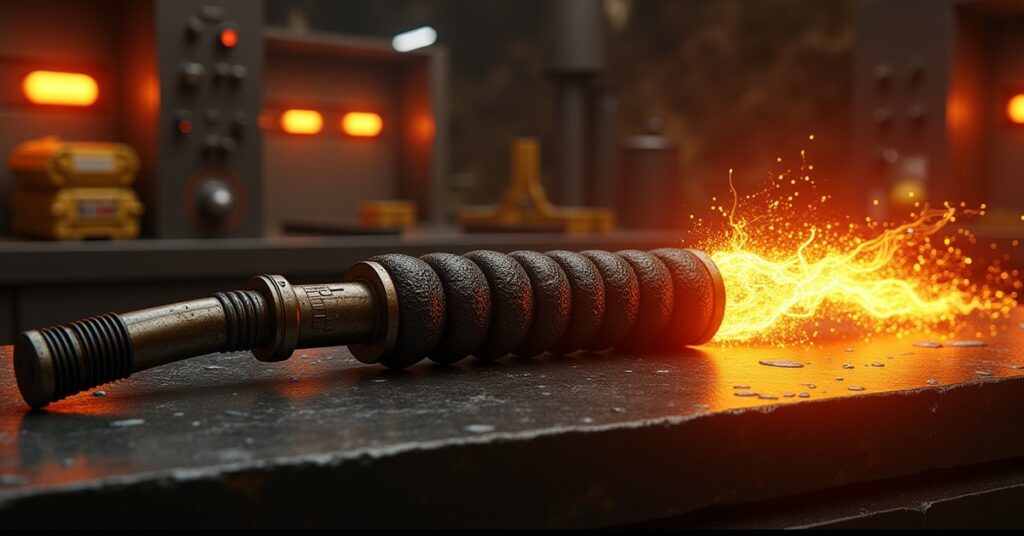 Ferengi energy whip artifact crackling with orange energy aboard a mining ship in Star Trek Fleet Command