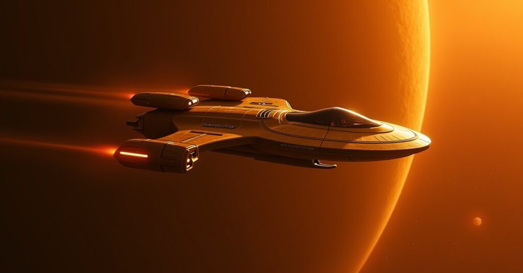 Ferengi Observer Survey-class hostile ship in Star Trek Fleet Command, floating in deep space near a Ferengi world.