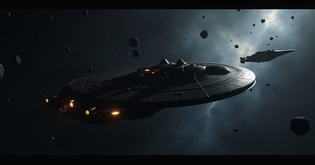 Ferengi black market ship meeting a freighter in a shadowy star system, Star Trek Fleet Command style art.