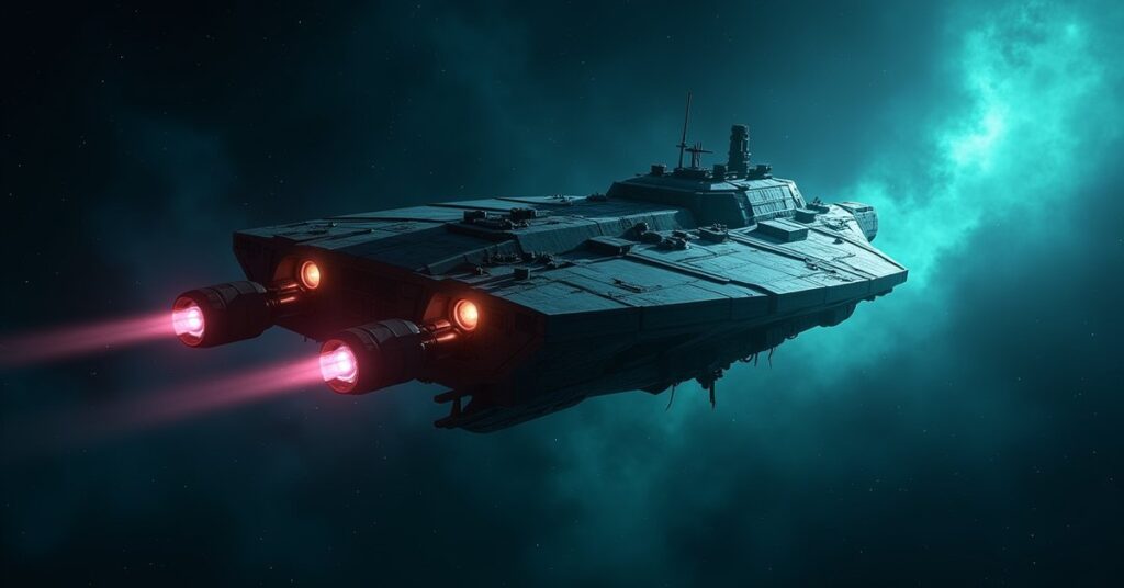 Forsaken Cruiser, a battle-scarred Explorer-class hostile ship, drifting in a dark nebula in Star Trek Fleet Command.
