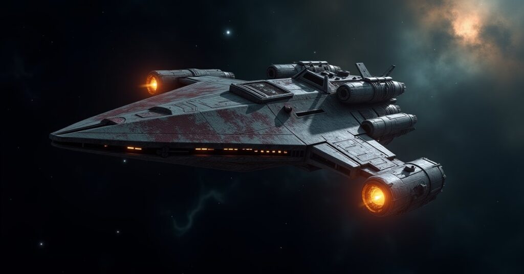 A Forsaken Destroyer Interceptor, a rogue Federation-aligned warship, firing weapons in deep space.