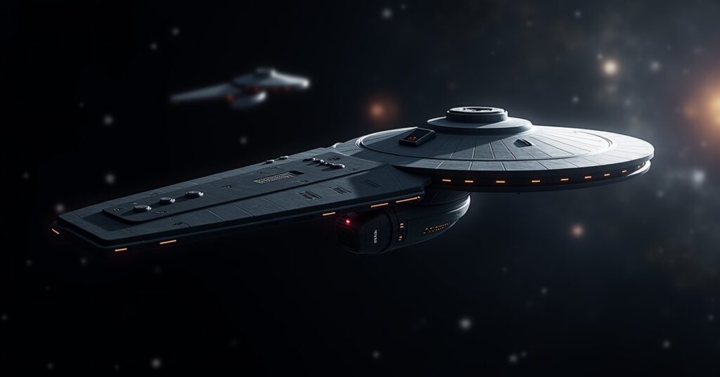 A Federation Forsaken Scout explorer-class starship on patrol in a dark deep-space star system.