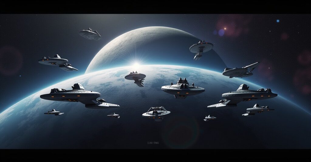 GALAXY SYSTEMS – STATISTICS in Star Trek Fleet Command: a fleet forming up above a ringed world.