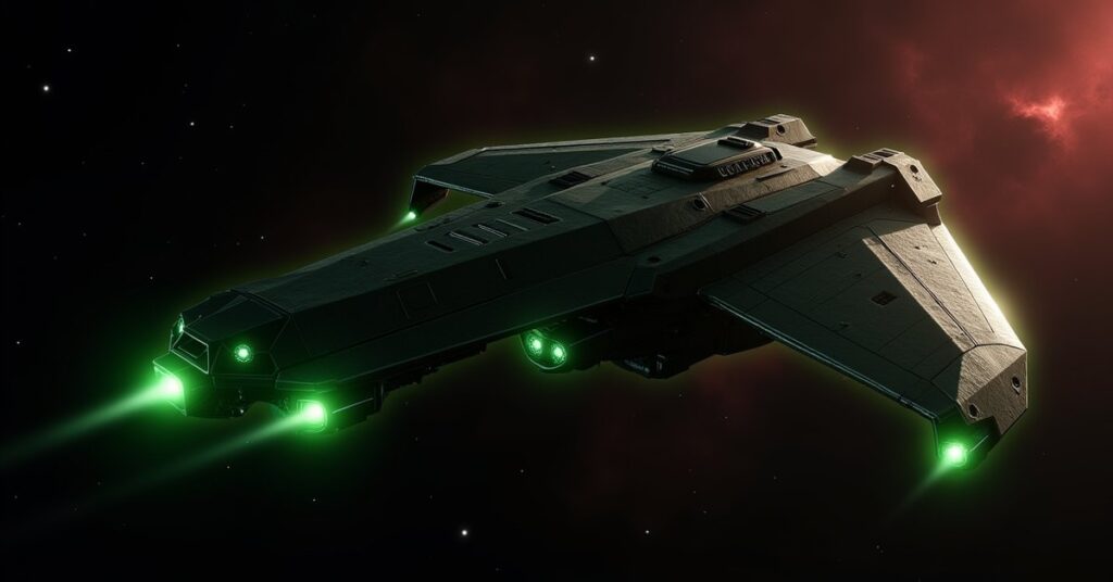 Romulan Ganmadan Scout battleship, a sleek green cloaked warbird firing energy weapons in deep space