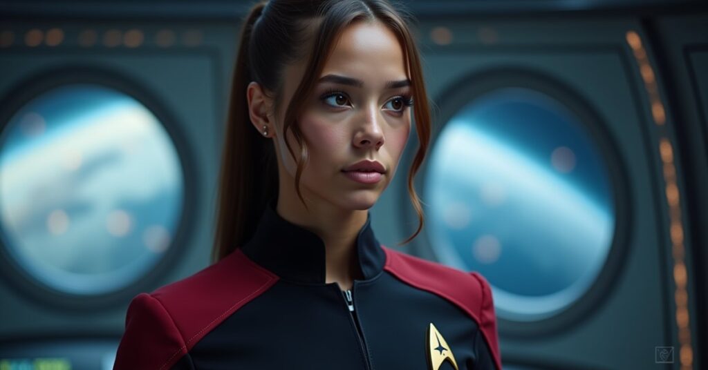 Genesis Lythe officer card art from Star Trek Fleet Command, a Starfleet Academy cadet in Command uniform.