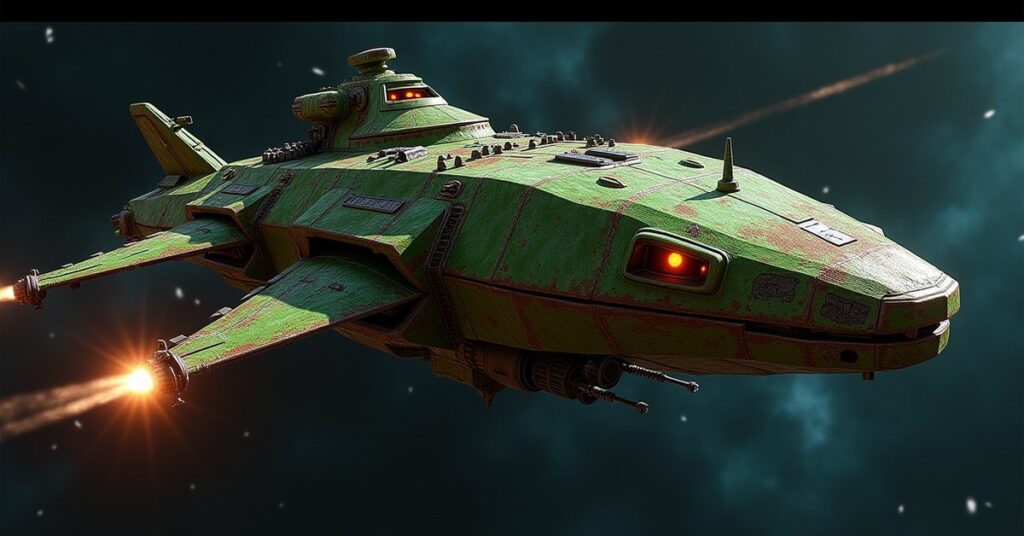 Gorn Hunter battleship hostile firing energy and kinetic weapons in deep space