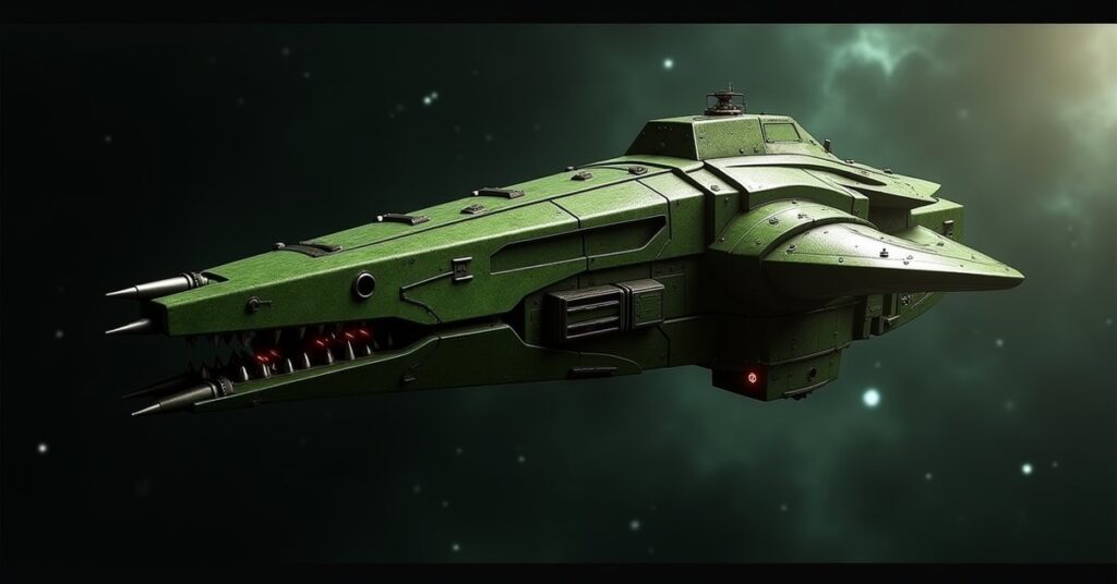 Gorn Marauder reptilian Interceptor warship attacking in deep space, Star Trek Fleet Command key art
