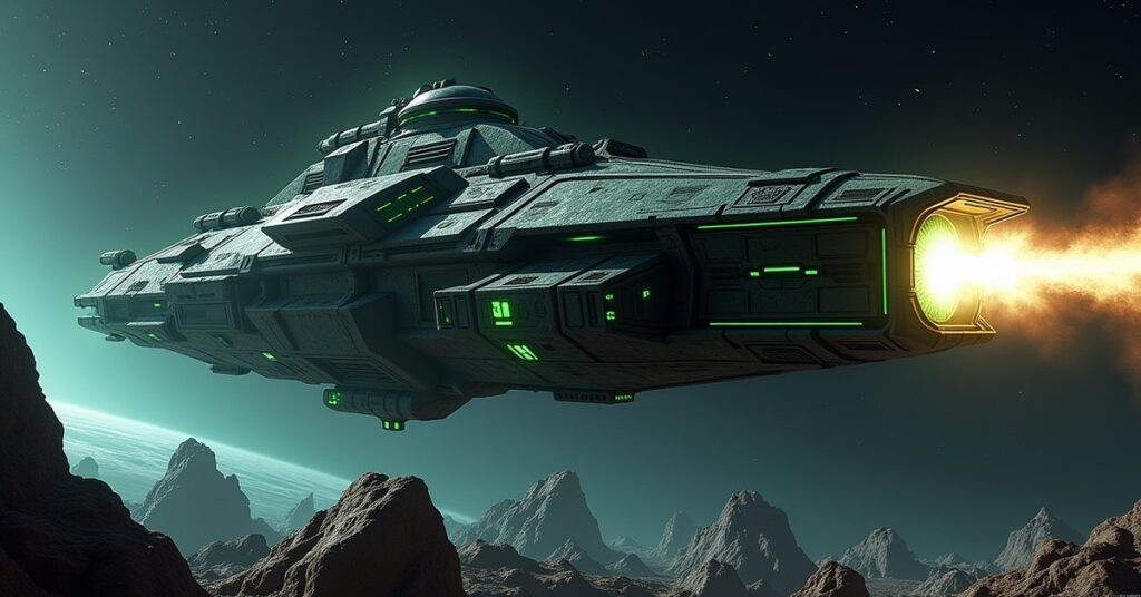 Klingon Grishnar survey mining ship firing its Kor mining laser over a glowing crystal asteroid field in deep space