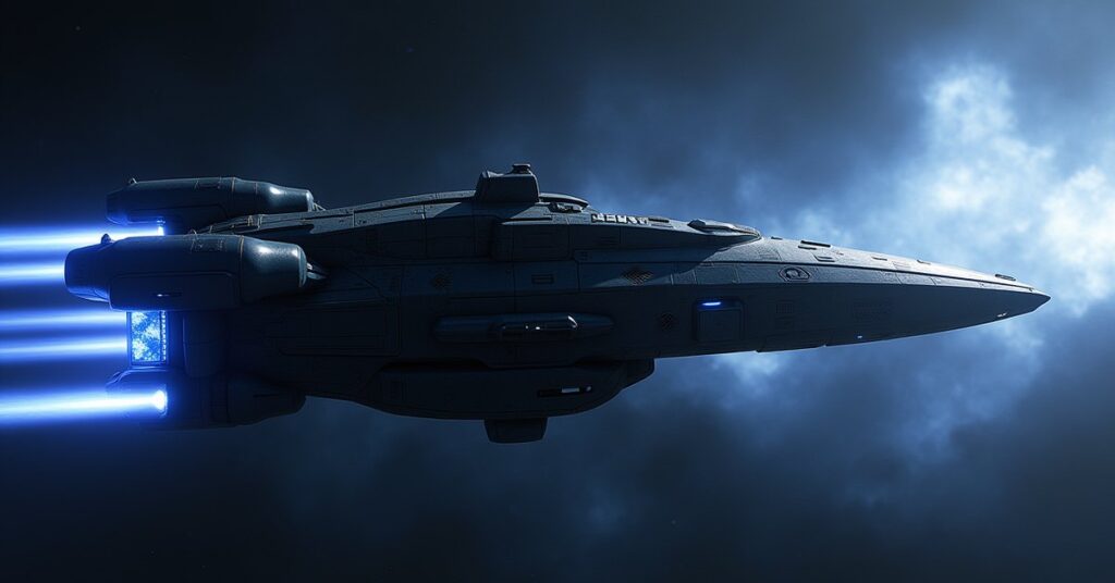 GS-31, a Section 31 Interceptor from Star Trek Fleet Command, firing phasers in deep space