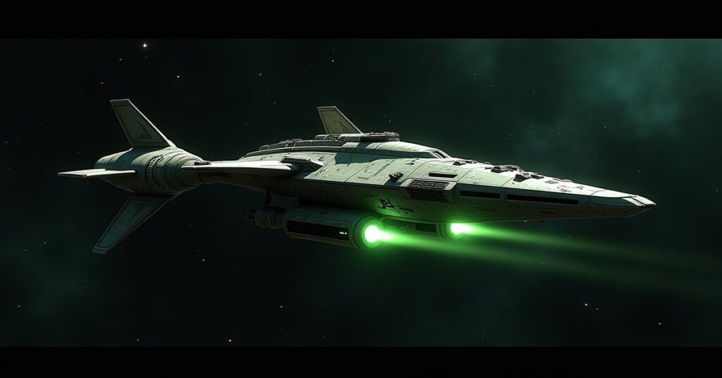 Hijacked Klingon D7 battle cruiser refit by Exiles Augments, firing in deep space
