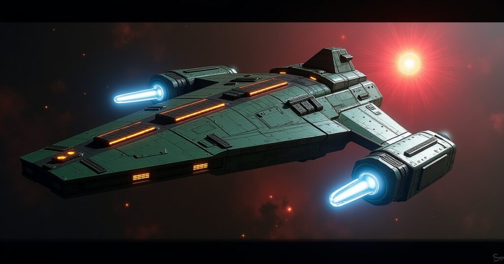 Hijacked Legionary, an Exiles battleship with scavenged Augment plating, firing in deep space