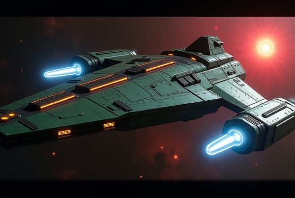 Hijacked Legionary, an Exiles battleship with scavenged Augment plating, firing in deep space