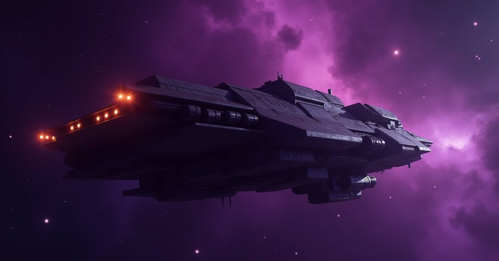 A Hirogen Transport Freighter survey ship from Star Trek Fleet Command flying through Delta Quadrant space