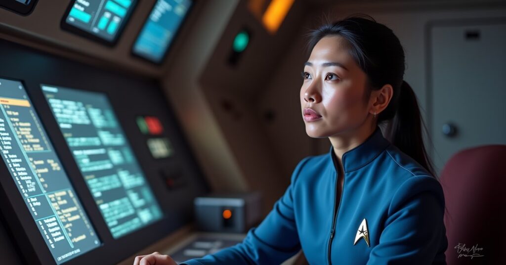 Hoshi Sato in early Starfleet uniform at the communications console aboard Enterprise NX-01
