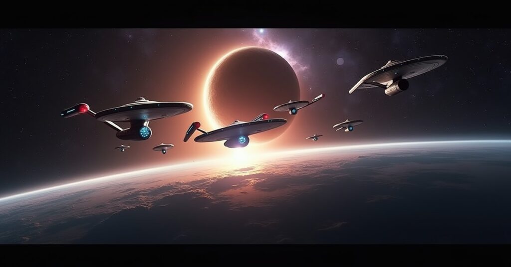 Hunting the Hunter Arc in Star Trek Fleet Command: a fleet forming up above a ringed world.