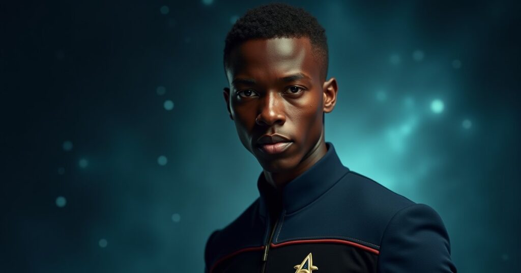 STFC officer card portrait of Icheb, a young Brunali in Starfleet cadet attire, against a dark Delta Quadrant nebula