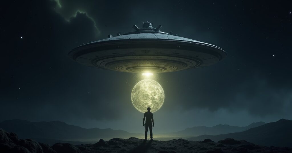 Star Trek Fleet Command starship approaching a glowing alien artifact in deep space near a distant nebula