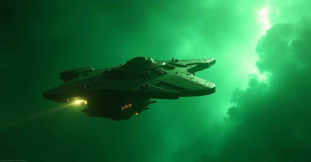 Klingon I.K.S. Boreth battleship cloaking above a green nebula, Star Trek Fleet Command key art