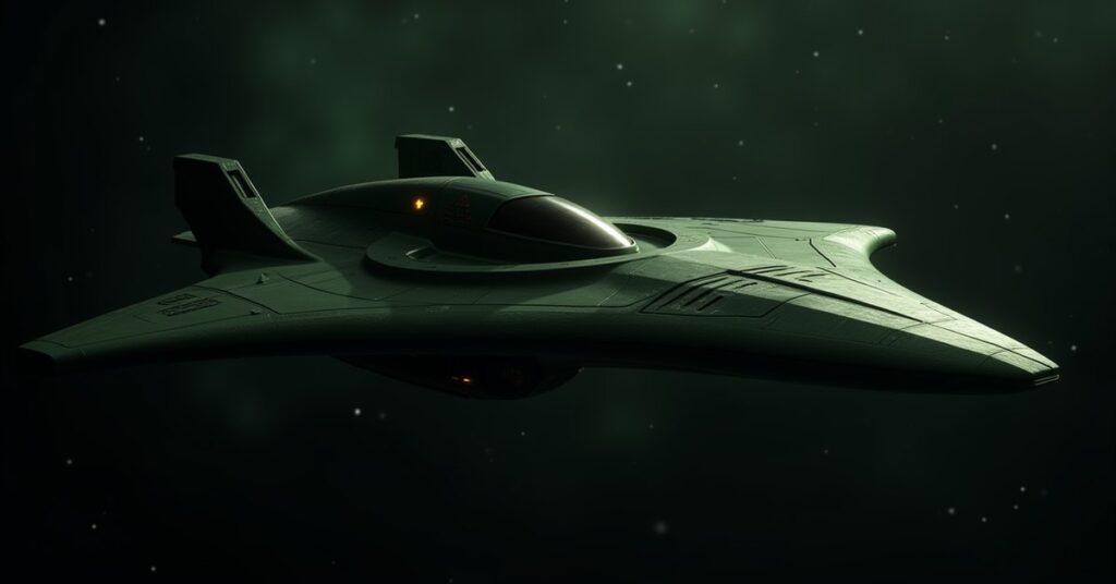 Romulan Immortal Dagger Class warbird, a green Explorer-hull hostile ship drifting in deep space