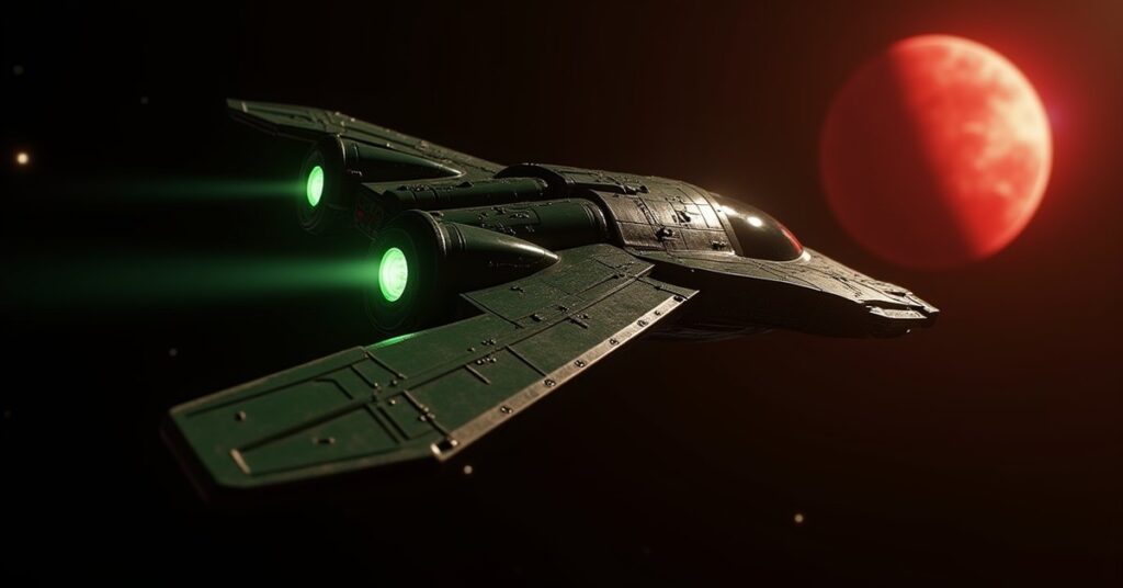 Romulan Immortal Hunter Class battleship, a dark green warbird-style hostile in deep space.