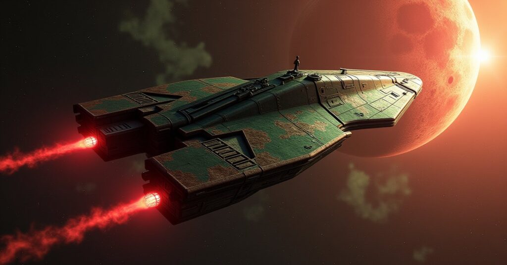 Immortal Miner hostile ship from Star Trek Fleet Command drifting in deep space near a Romulan border system