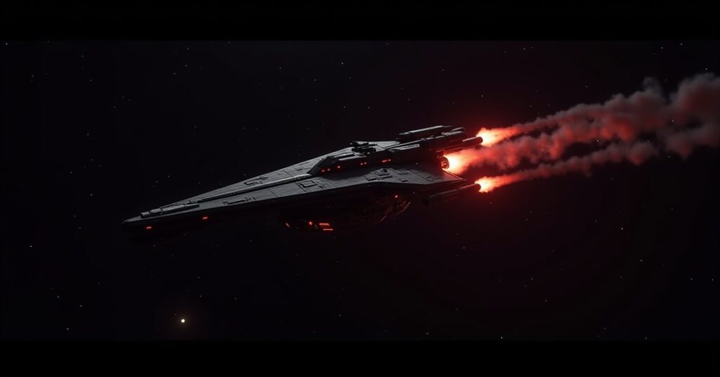 A Mirror Universe Imperial Starfleet Warship battleship firing energy and kinetic weapons across a dark starfield