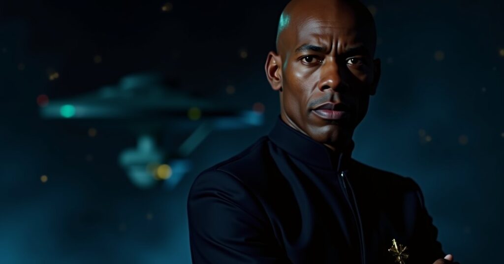 Vulcan officer Infiltrator Tuvok in Federation tactical gear, isolytic energy and a battleship silhouette behind him.