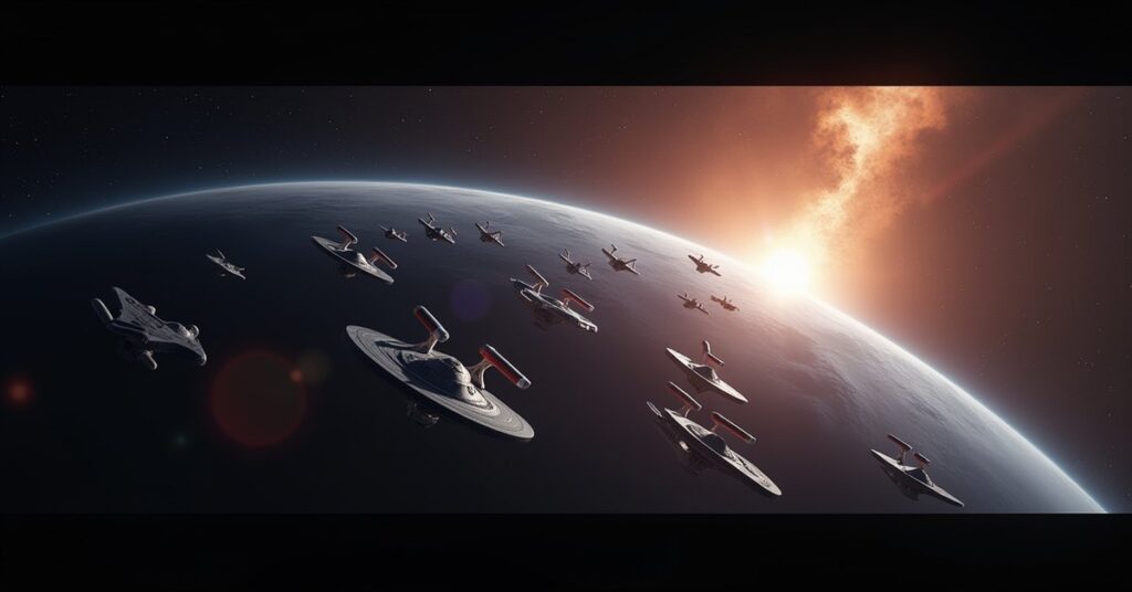 It Came From Deep Space Arc in Star Trek Fleet Command: a fleet forming up above a ringed world.