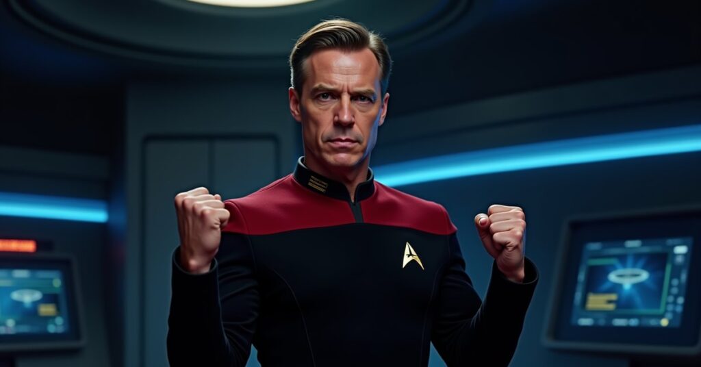 Illustration of Commander Jack Ransom of the U.S.S. Cerritos in his Lower Decks Starfleet uniform with fists raised.