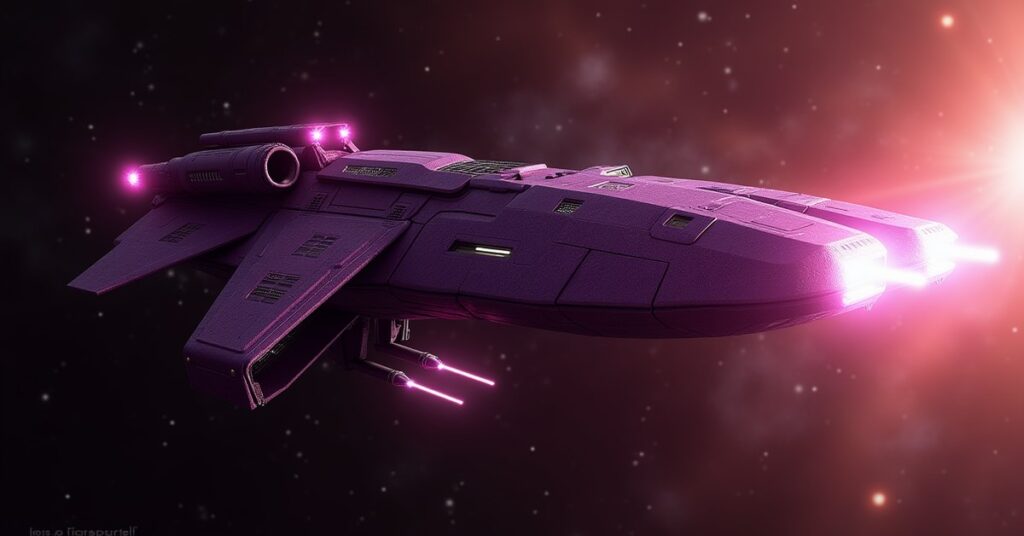 Dominion Jem'Hadar Cruiser, a purple armored Explorer-class attack ship, in deep space