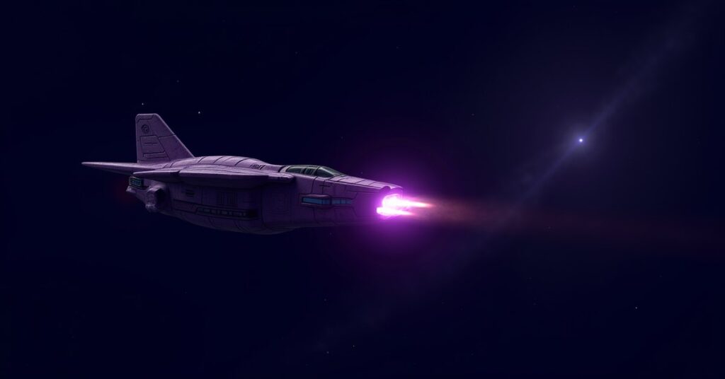A Jem'Hadar Fighter, a fast Dominion Interceptor attack ship, streaking through deep space