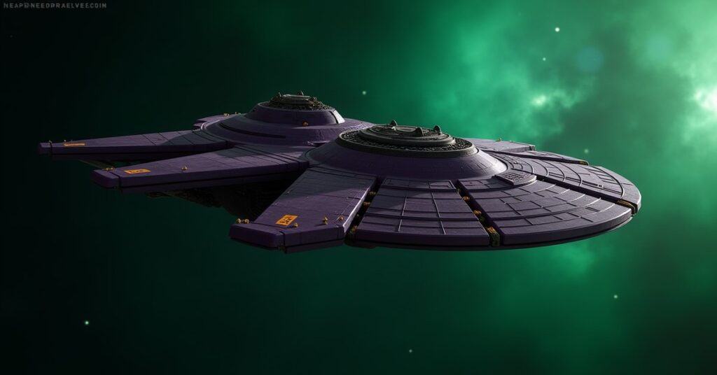 The Jem'Hadar Vanguard Flagship, an armoured purple Dominion warship, in deep space beside a green nebula.
