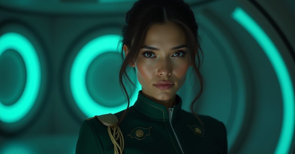 STFC officer Jirali rendered in promotional card art, looking confident in Emerald Chain attire with a Borg-tech backdrop.