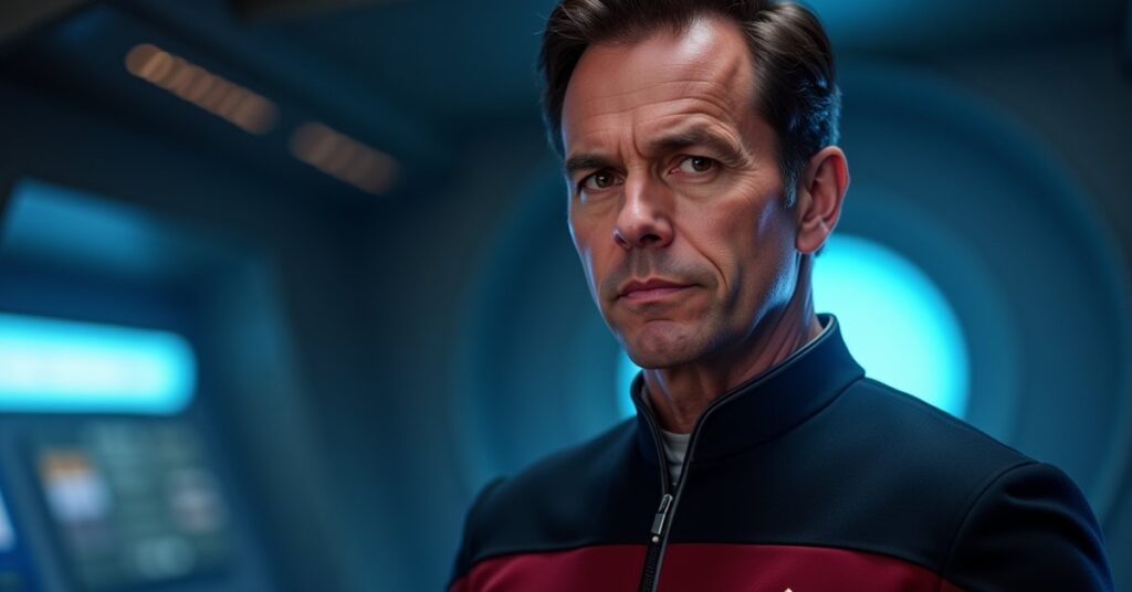 Captain Jonathan Archer in Enterprise NX-01 uniform with the NX-01 starship behind him.
