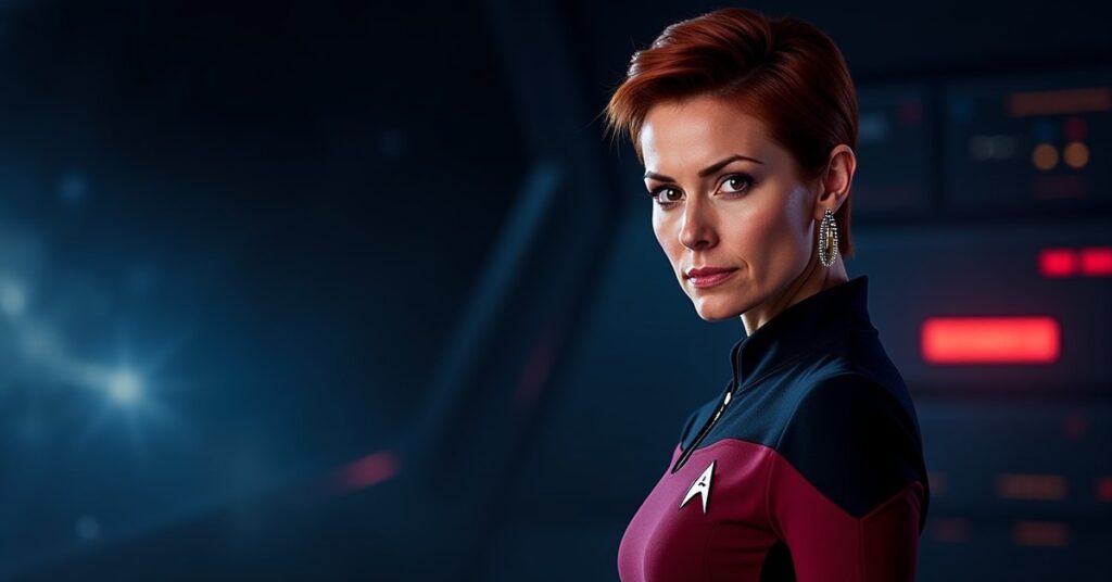 Kira Nerys, a Bajoran Command officer in Star Trek Fleet Command, in officer card art