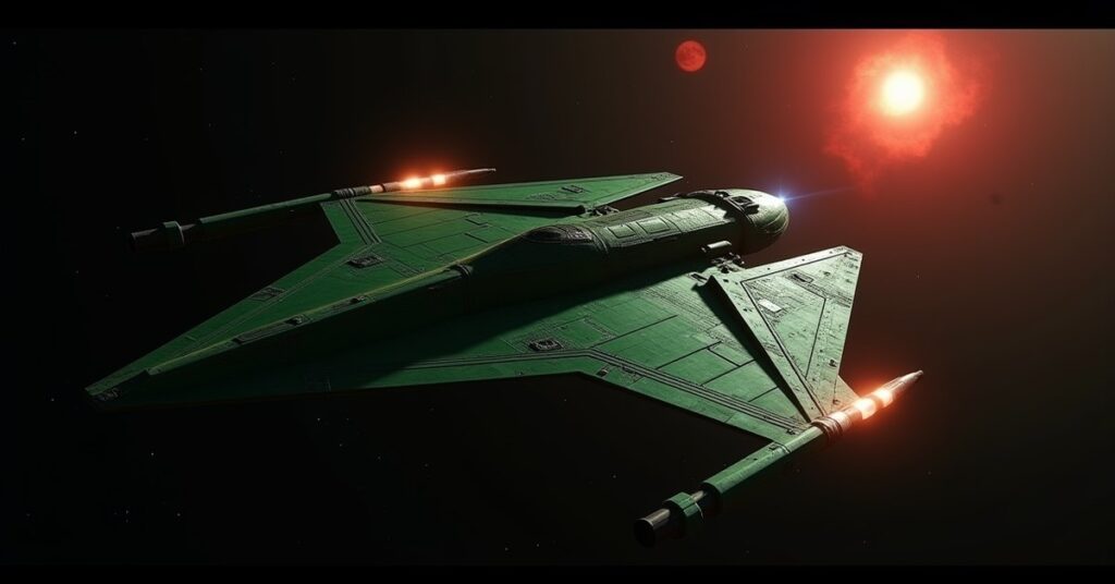 Klingon Bird-of-Prey warship with green swept wings flying through deep space near a red star