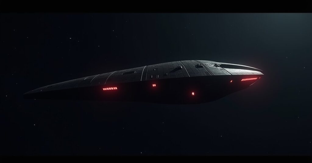 Klingon Burial Ship, a dark ceremonial Klingon armada vessel drifting in deep space