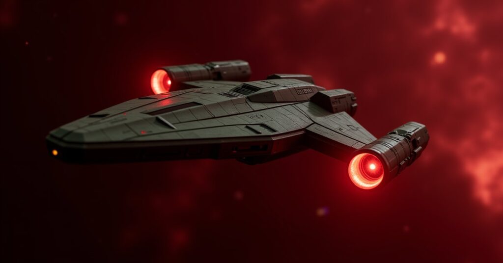 Klingon Strike Force interceptor warship from Star Trek Fleet Command flying through deep Klingon space