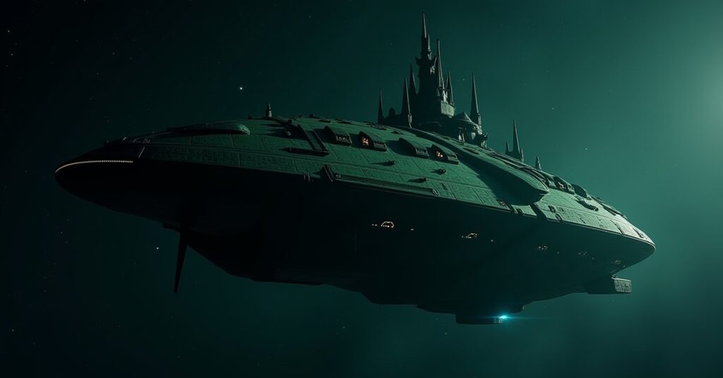 A Klingon burial ship holding station in deep space, dark ridged hull lit by distant starlight