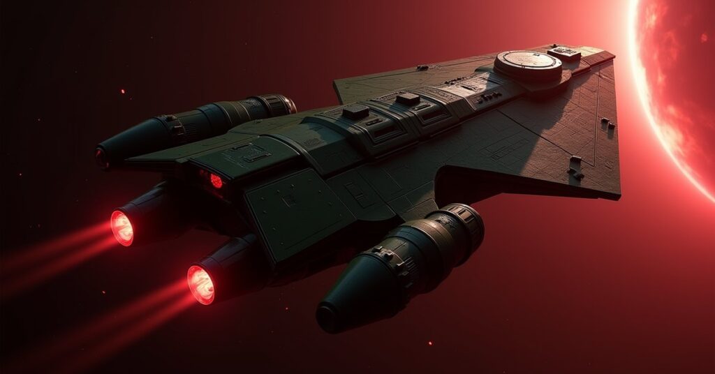 Klingon Warship battleship hostile from Star Trek Fleet Command flying near a nebula