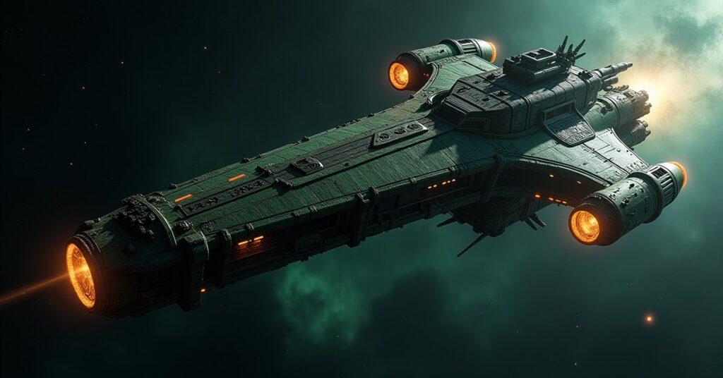 Kos'Karii, a spiked Klingon Explorer warship with a dilithium-braced hull, in deep space