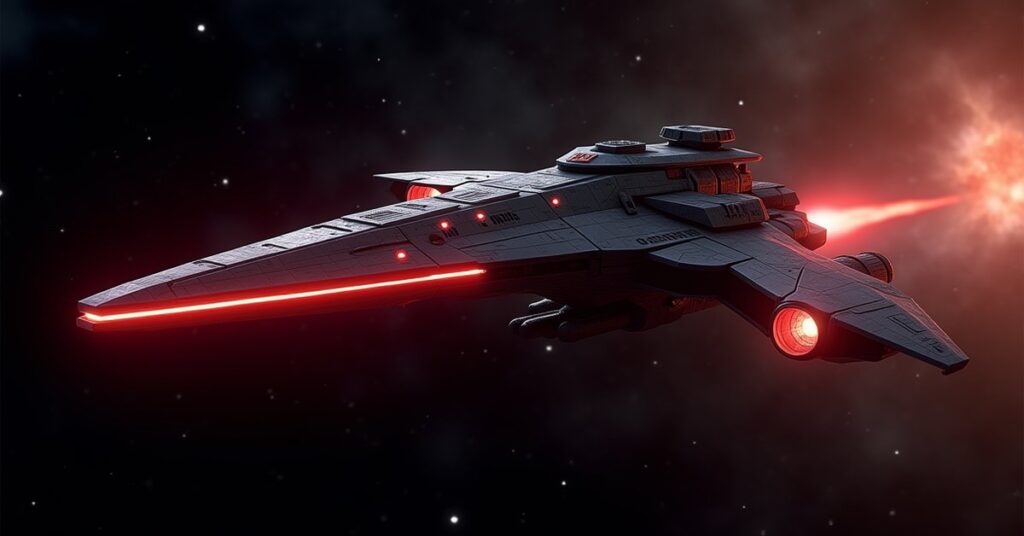 The Krencha, a fast Klingon Interceptor warship, streaking through space with a red glow along its angular hull.