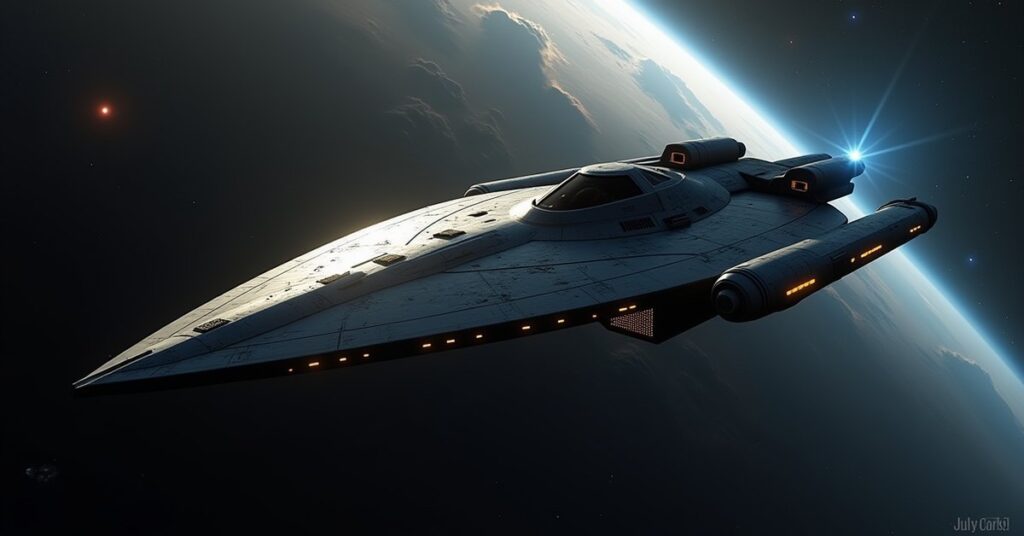 Kriosian Outlaw Explorer-class pirate ship drifting in a neutral star system, Star Trek Fleet Command style key art.