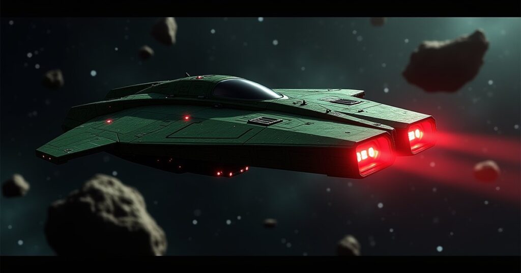KSG Fighter, a Klingon Interceptor hostile from Star Trek Fleet Command, streaking through deep space