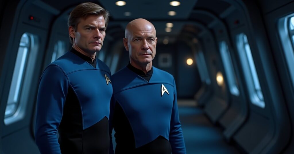 Lieutenant Picard from STFC, blue sciences uniform, alternate-timeline Jean-Luc on the Enterprise-D bridge.